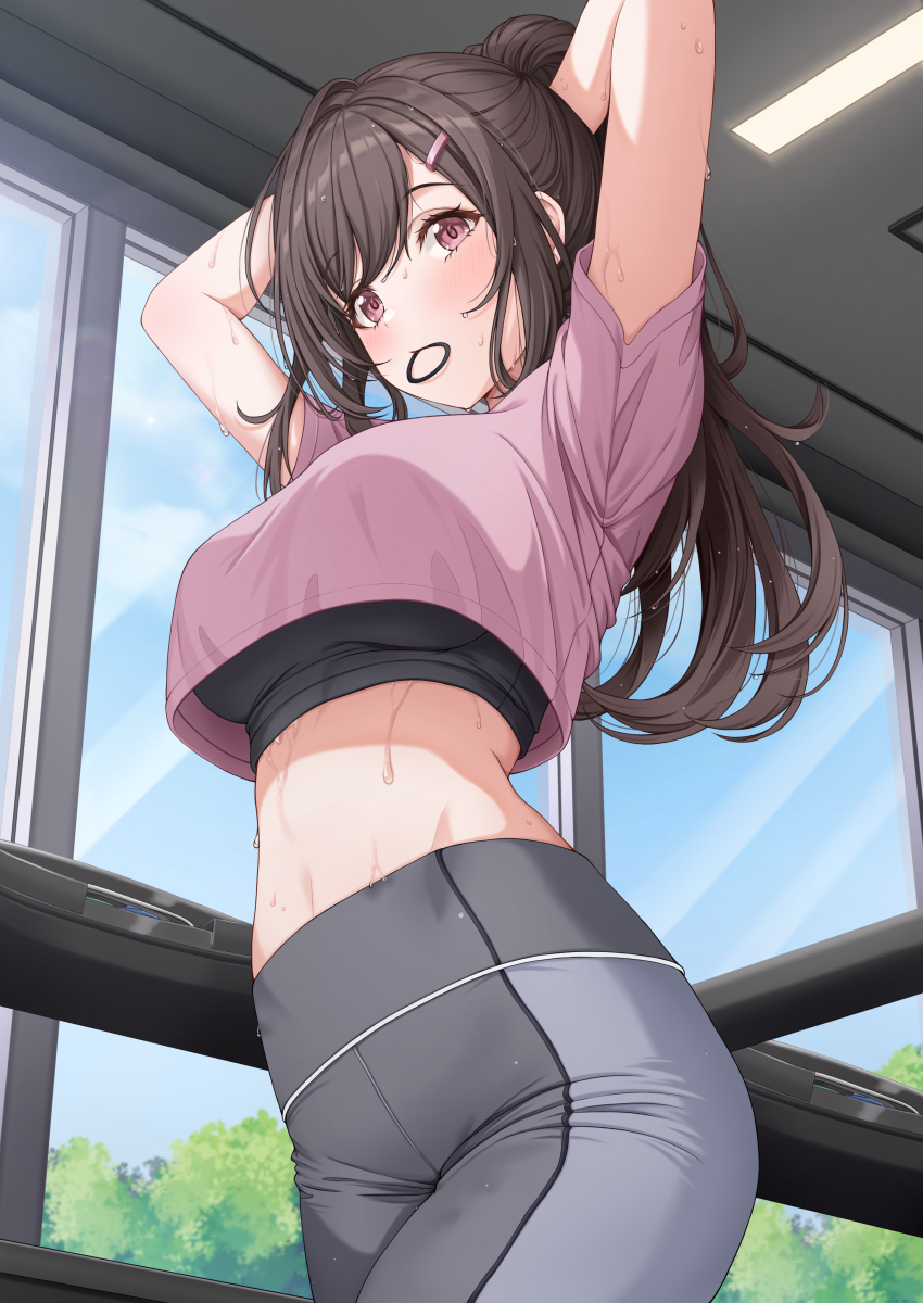 1girl absurdres adjusting_hair arms_behind_head arms_up black_bra blush bra bra_peek breasts brown_eyes brown_hair closed_mouth crop_top from_below grey_pants hair_lift hair_ornament hair_tie hair_tie_in_mouth hairclip hands_in_own_hair highres holding holding_own_hair idolmaster idolmaster_shiny_colors large_breasts long_hair looking_at_viewer mouth_hold navel pants ponytail rubber_band solo standing sulgi_park sweat swept_bangs tsukioka_kogane tying_hair underwear