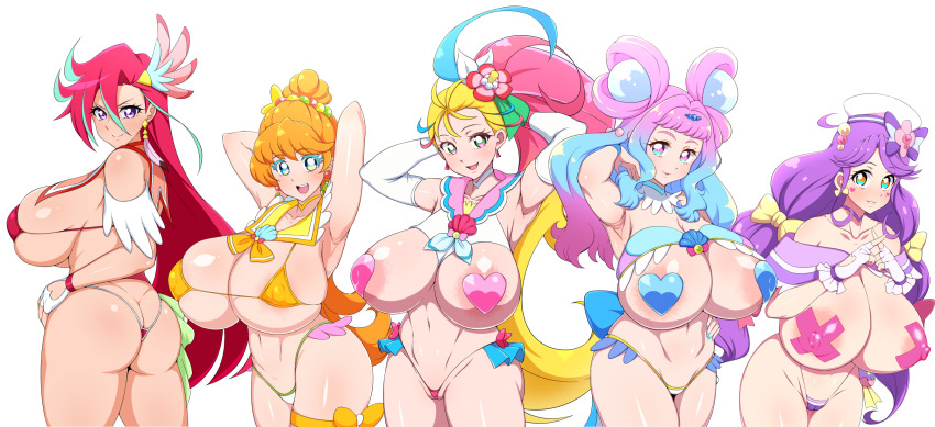 5girls areola_slip armpits ass bikini blue_nails breasts butt_crack choker cleavage clothing_cutout covered_erect_nipples cure_coral cure_flamingo cure_la_mer cure_papaya cure_summer earrings elbow_gloves gloves heart heart_cutout heart_in_eye heart_pasties highres huge_breasts ichinose_minori jabara_tornado jewelry large_breasts laura_la_mer long_hair looking_at_viewer magical_girl multicolored_hair multiple_girls nail_polish natsuumi_manatsu navel pasties pearl_hair_ornament pink_sailor_collar precure sailor_collar shell_brooch suzumura_sango swimsuit symbol_in_eye takizawa_asuka triangle_earrings tropical-rouge!_precure very_long_hair yellow_choker