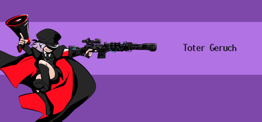 1girl black_boots black_cape black_coat black_hat black_necktie black_skirt boots cape coat collared_shirt commentary_request cookie_(touhou) full_body geru_futota gram_9 grin gun hat holding holding_gun holding_megaphone holding_weapon megaphone military_hat necktie purple_background purple_hair red_cape remilia_scarlet rifle shirt short_hair skirt smile sniper_rifle solo touhou two-sided_cape two-sided_fabric weapon white_shirt