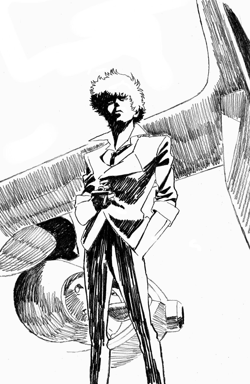 1boy absurdres aircraft airship closed_mouth cowboy_bebop formal_clothes greyscale highres looking_at_viewer male_focus monochrome nakamura_yutaka necktie solo spike_spiegel suit