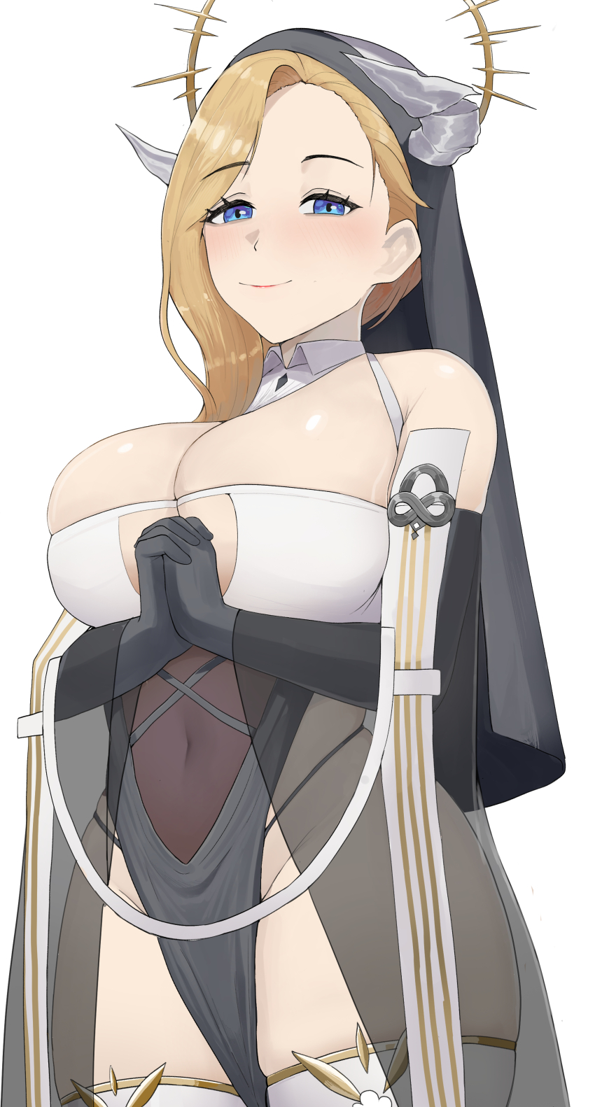 1girl absurdres artist_request azur_lane bare_shoulders blonde_hair blue_eyes breast_cutout breasts cleavage cosplay covered_navel cowboy_shot dress fake_horns highres hood_(azur_lane) horns implacable_(azur_lane) implacable_(azur_lane)_(cosplay) large_breasts long_hair looking_at_viewer nun own_hands_together pelvic_curtain revealing_clothes simple_background solo standing thighhighs two-tone_dress very_long_hair white_background white_horns white_thighhighs