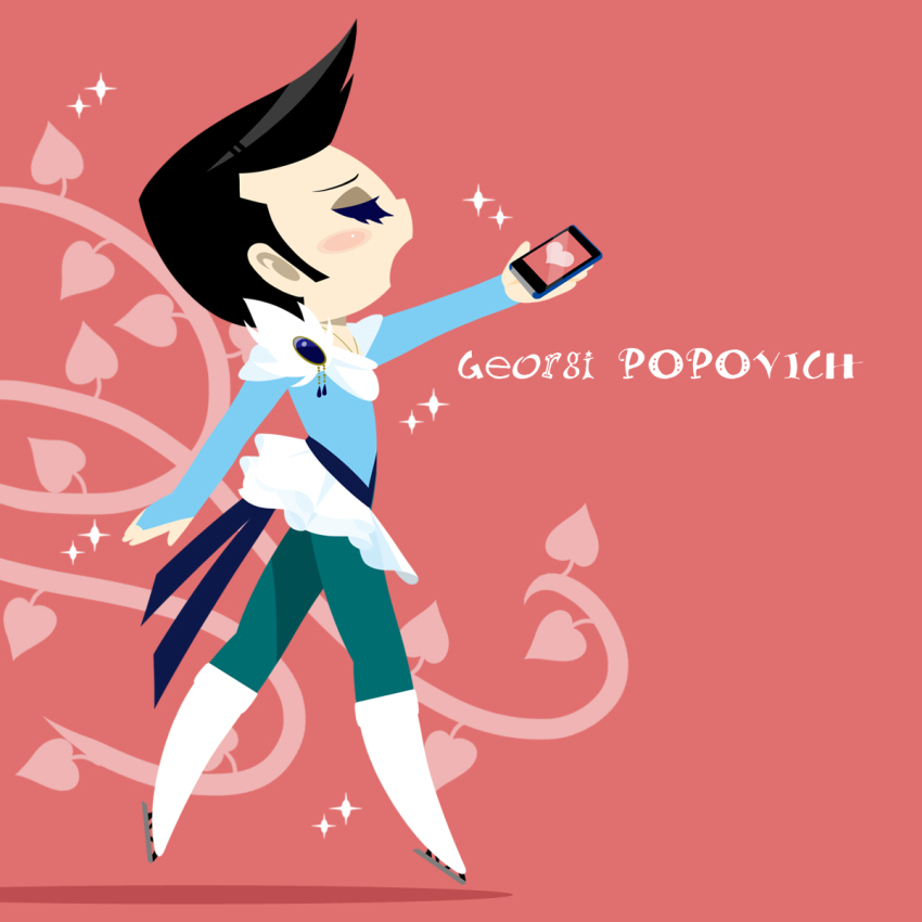 1boy black_hair cellphone character_name closed_eyes from_side georgi_popovich heart highres ice_skates kaorin_minogue male_focus open_mouth phone pink_background plant skates smartphone sparkle vines yuri!!!_on_ice