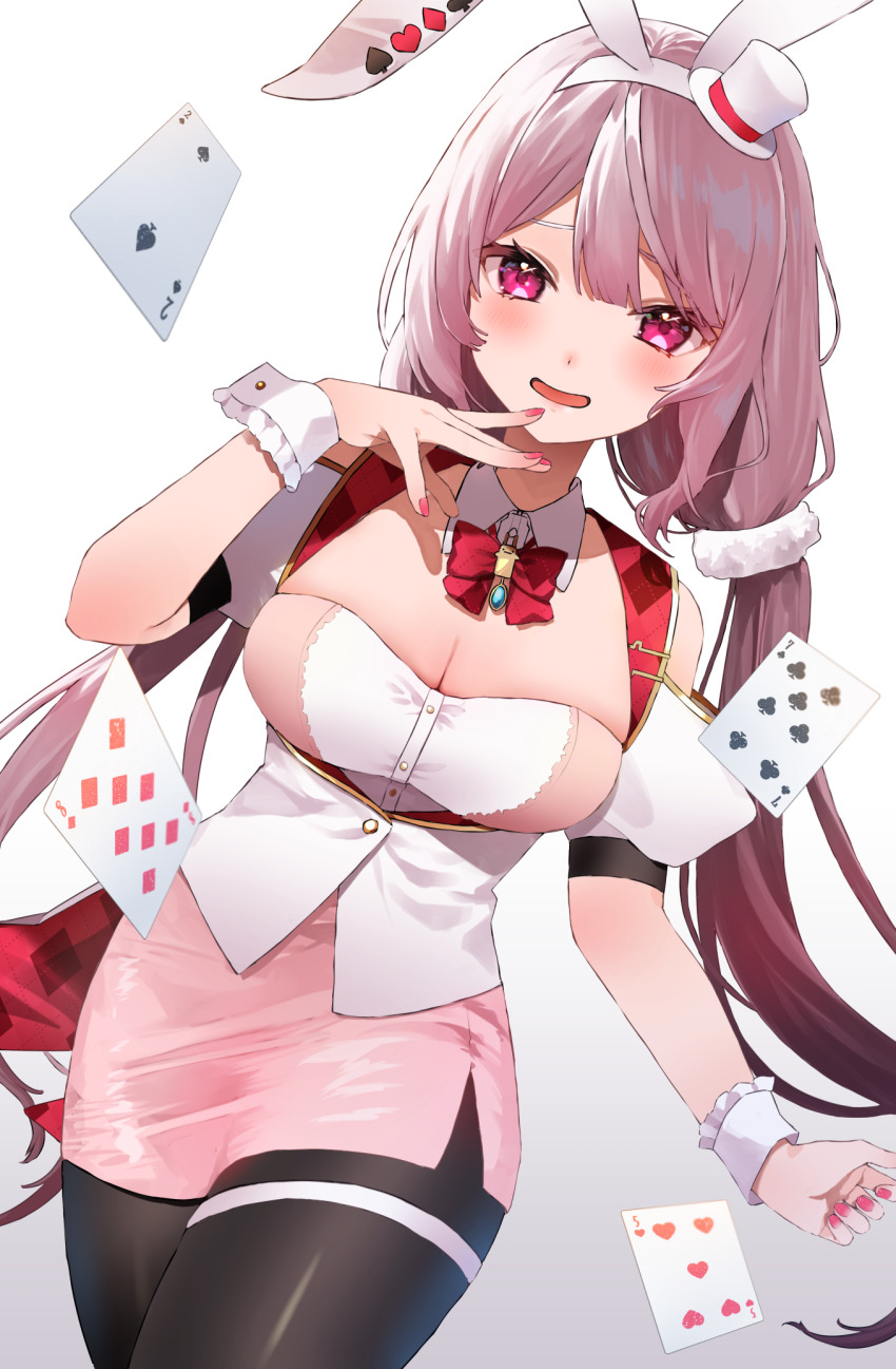 1girl animal_ears black_pantyhose blush breasts card cleavage detached_collar fake_animal_ears hand_on_own_chin hat highres large_breasts leotard long_hair looking_at_viewer low_twintails mini_hat mini_top_hat momifa2 nijisanji pantyhose pink_eyes pink_hair pink_nails playboy_bunny playing_card rabbit_ears shiina_yuika shiina_yuika_(12th_costume) smile solo top_hat twintails very_long_hair virtual_youtuber wrist_cuffs