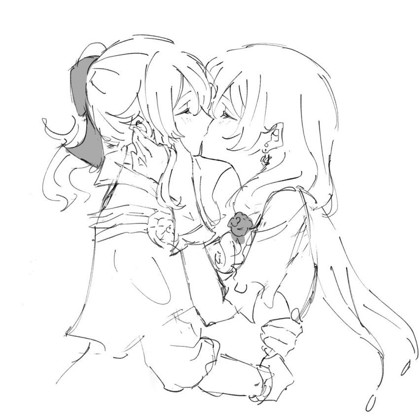 2girls blush closed_eyes commentary_request earrings genshin_impact greyscale hand_on_another&#039;s_face hands_on_another&#039;s_back jean_(genshin_impact) jewelry kiss lisa_(genshin_impact) long_hair monochrome multiple_girls ponytail yumiluna25 yuri