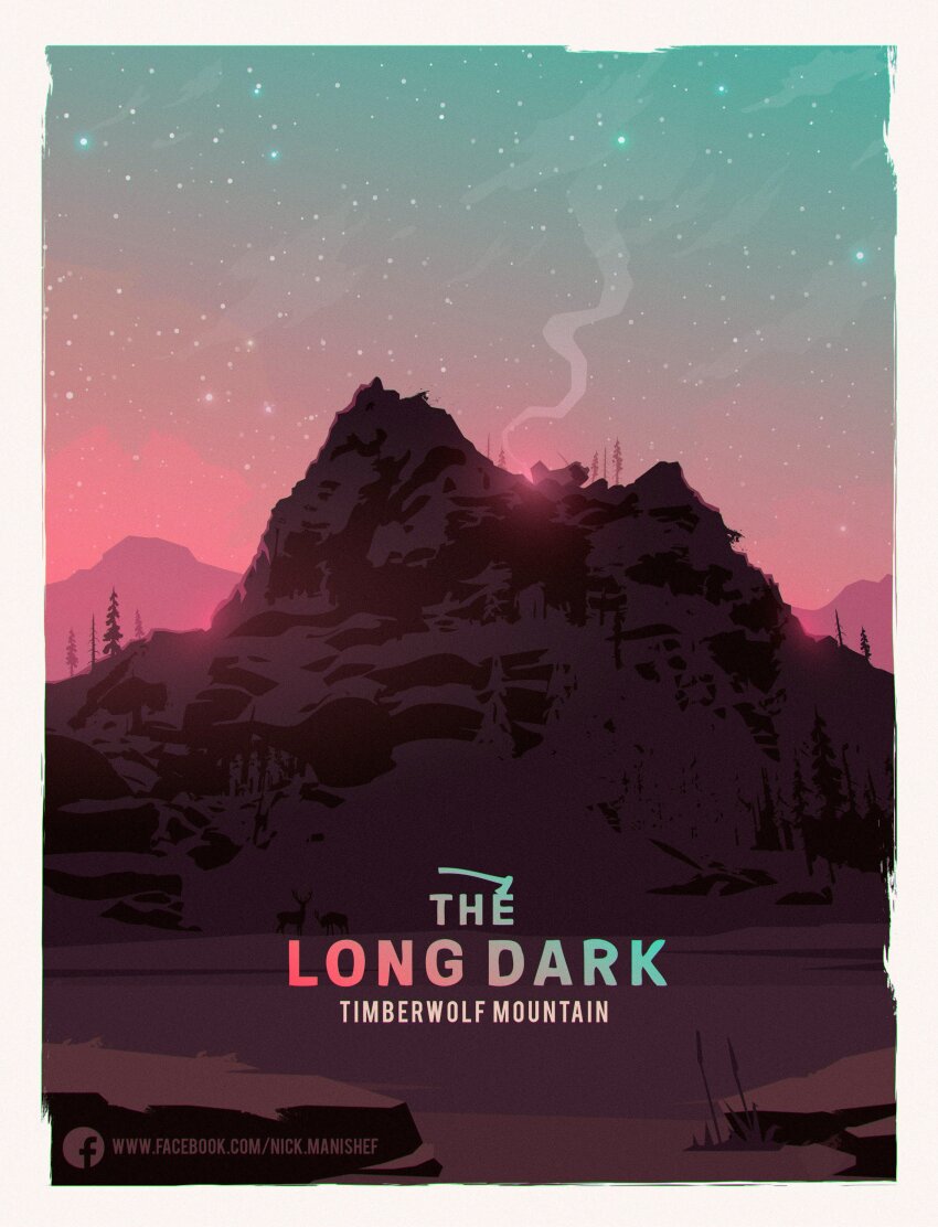 absurdres aurora cattail copyright_name deer dusk facebook_username grass highres mikalaimanyshau mountain no_humans plant scenery sky smoke snow star_(sky) starry_sky the_long_dark tree watermark winter
