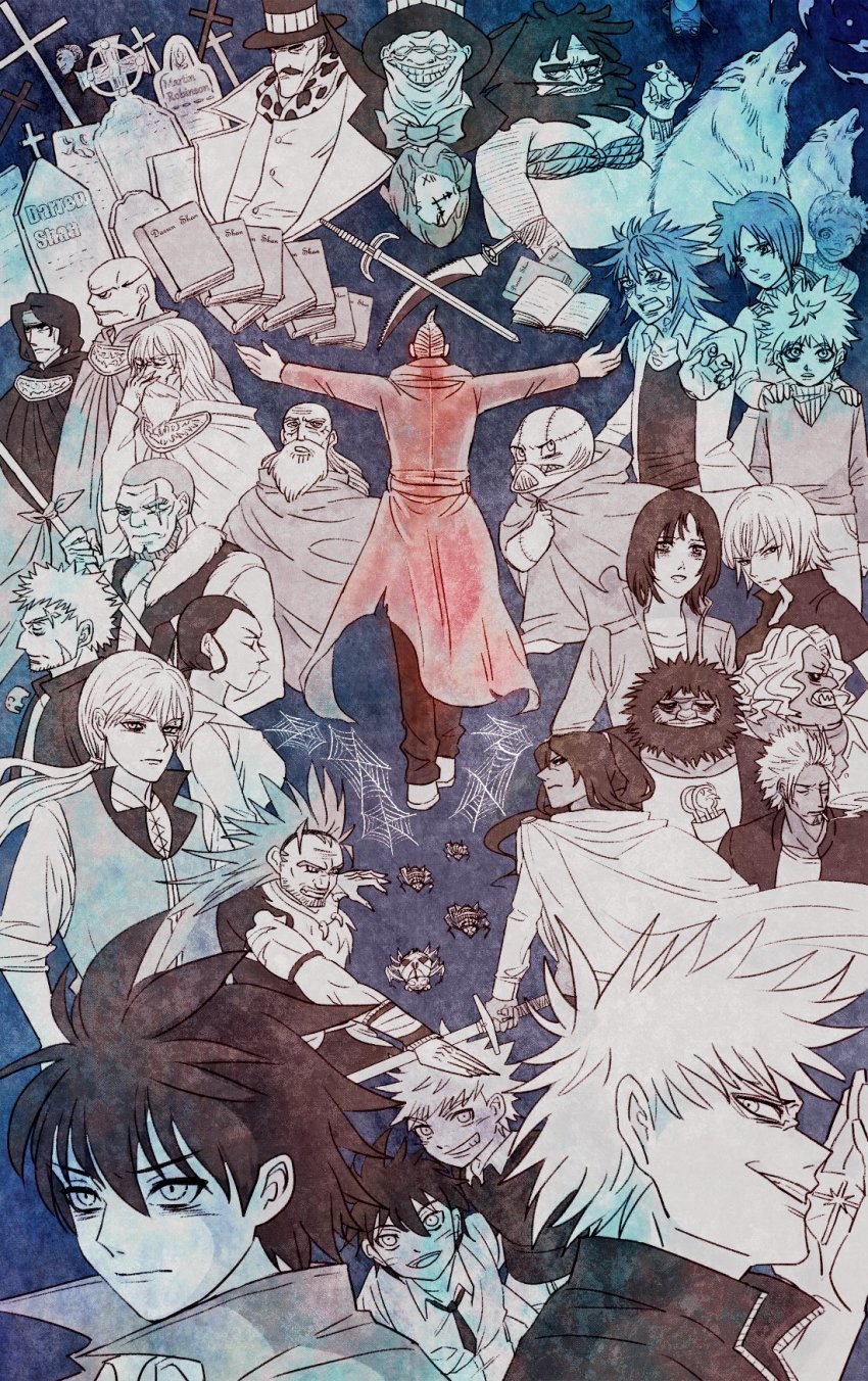 6+boys alice_burgess annie_shan arra_sails arrow_(darren_shan) back-to-back bearded_girl brother_and_sister brothers bug cape child coat darius_shan darren_shan debbie_hemlock desmond_tiny dual_persona evanna evra_von facial_hair father_and_son gannen_harst gavner_purl glalda harkat_mulds hat hibernius_tall highres holding holding_weapon hook_hand kurda_smahlt larten_crepsley long_coat long_hair madam_octa mika_ver_leth monster_boy mother_and_son multiple_boys murlough mustache necktie paris_skyle ponytail red_coat reggie_veggie sam_grest scar scar_on_face school_uniform seba_nile short_hair siblings smile spider steve_leonard sword the_saga_of_darren_shan time_paradox vancha_march vanez_blane weapon aged_down