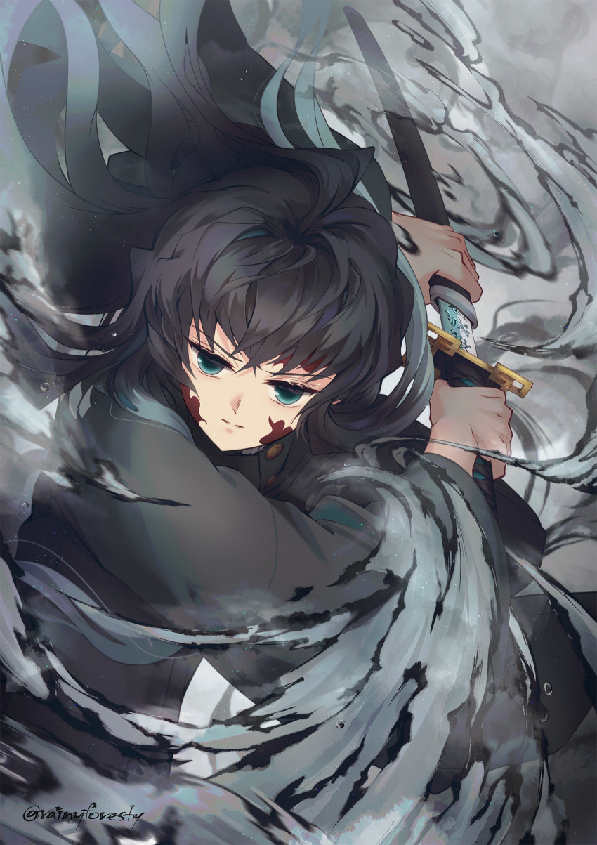 1boy absurdres aqua_eyes aqua_hair black_hair commentary dated_commentary demon_slayer_uniform english_commentary fog highres holding holding_sword holding_weapon kimetsu_no_yaiba long_hair male_focus multicolored_hair rainyforesty serious sheath solo sword sword_writing tokitou_muichirou two-tone_hair unsheathing weapon