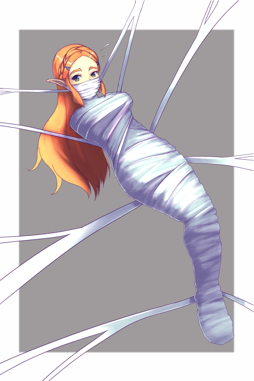 1girl artist_request bad_id bad_pixiv_id bdsm bondage bound braid caught cloth_gag cocoon crown_braid elf full_body gag gagged grey_background helpless highres improvised_gag long_hair looking_at_viewer mummification nintendo cloth_gag peril pointy_ears princess_zelda restrained silk spider_web suspension the_legend_of_zelda the_legend_of_zelda:_breath_of_the_wild trapped web web_bondage