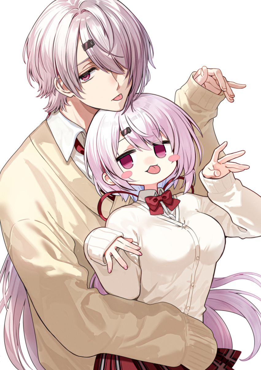 1boy 1girl :p blush_stickers bow bowtie breasts cardigan chin_rest collared_shirt commentary dress_shirt dual_persona fingernails front-to-back genderswap genderswap_(ftm) ghost_pose hair_ornament hair_over_one_eye hand_on_another&#039;s_stomach hand_up hands_up hashtag-only_commentary head_on_head head_rest height_difference highres long_hair long_sleeves looking_at_viewer looking_to_the_side low_ponytail medium_breasts miniskirt minotaur_plate nijisanji no_pupils one_eye_covered pink_eyes pink_hair plaid_clothes plaid_skirt ponytail red_bow red_bowtie red_skirt school_uniform shiina_shii shiina_yuika shiina_yuika_(1st_costume) shirt simple_background single_sleeve_past_fingers single_sleeve_past_wrist skirt sleeves_past_wrists symbol-only_commentary tongue tongue_out upper_body virtual_youtuber white_background white_cardigan white_shirt wing_collar winter_uniform yellow_cardigan