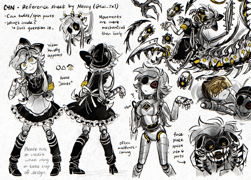 1girl armband black_bow black_bowtie black_dress bow bowtie collared_suit contrast_collar cyn_(murder_drones) double_horizontal_stripe dress frilled_vest frills glove_cuffs horizontal-striped_socks humanoid_robot lace-trimmed_headwear lace_trim long_hair looking_at_viewer low-tied_sidelocks mechanical_arms murder_drones open_mouth orange_armband puffy_short_sleeves puffy_sleeves reference_sheet robot short_hair_with_long_locks short_sleeves sidelocks small_pupils smile sunlit-mess vest yellow_eyes yellow_sleeve_cuffs