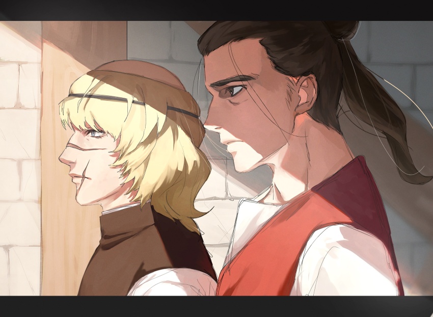 2boys badeni black_eyes black_hair blonde_hair blue_eyes brick_wall chi.:_chikyuu_no_undou_ni_tsuite eyepatch hair_pulled_back highres long_hair male_focus medium_hair mobu_o multiple_boys oczy ponytail profile scar scar_on_face scar_on_lip scar_on_mouth scar_on_nose shadow shirt tonsure upper_body