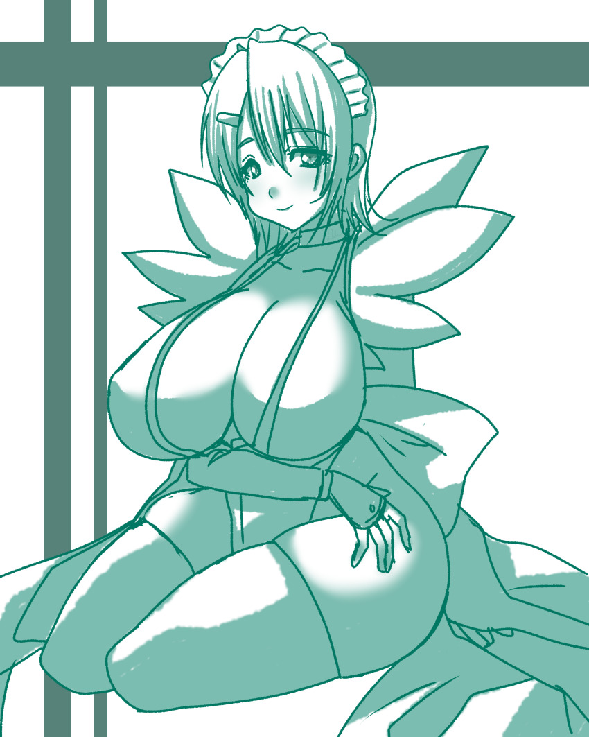 1girl absurdres artist_request breasts cleavage curvy highres huge_breasts iroha_(samurai_spirits) looking_at_viewer maid maid_headdress monochrome revealing_clothes samurai_spirits sitting smile solo unconventional_maid white_background wide_hips