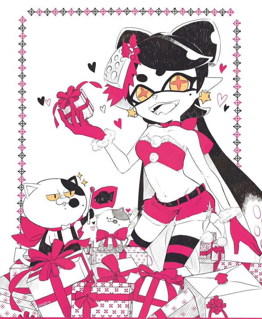 1girl bare_shoulders belt black_belt black_hair black_thighhighs callie_(splatoon) choker christmas commentary crop_top earrings fangs flag food food_on_head fur-trimmed_gloves fur-trimmed_shirt fur-trimmed_shorts fur_trim gift gloves heart highres holding holding_gift inkling jewelry judd_(splatoon) li&#039;l_judd_(splatoon) long_hair looking_at_another looking_at_viewer midriff mole mole_under_eye navel nintendo object_on_head okome_2g2g open_mouth partially_colored pointy_ears red_choker red_gloves red_shirt red_shorts red_thighhighs shirt short_shorts shorts side-tie_shorts smile splatoon_(series) standing star_(symbol) star_earrings striped_clothes striped_thighhighs swept_bangs tentacle_hair thighhighs yellow_eyes