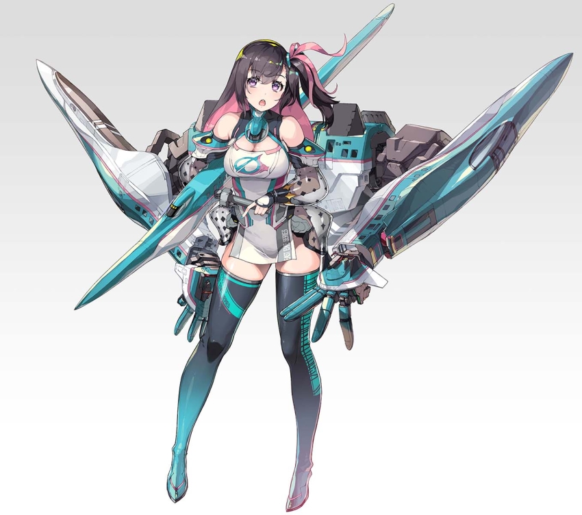 1girl bare_shoulders black_hair blush boots breasts cleavage commentary_request detached_sleeves e5_hayabusa extra_arms fingerless_gloves full_body gloves gradient_background highres long_hair mecha_musume mechanical_arms medium_breasts multicolored_hair nishii_(damnedrive) open_mouth original pink_hair purple_eyes side_ponytail solo thigh_boots two-tone_hair