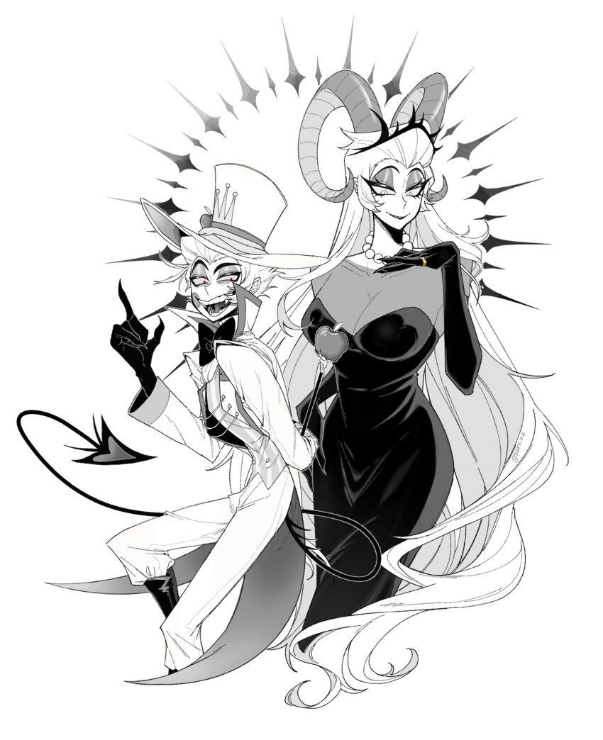 1boy 1girl breasts couple demon demon_boy demon_girl demon_horns dress hazbin_hotel highres horns husband_and_wife k4nczz large_breasts lilith_(hazbin_hotel) long_hair lucifer_morningstar_(hazbin_hotel) very_long_hair