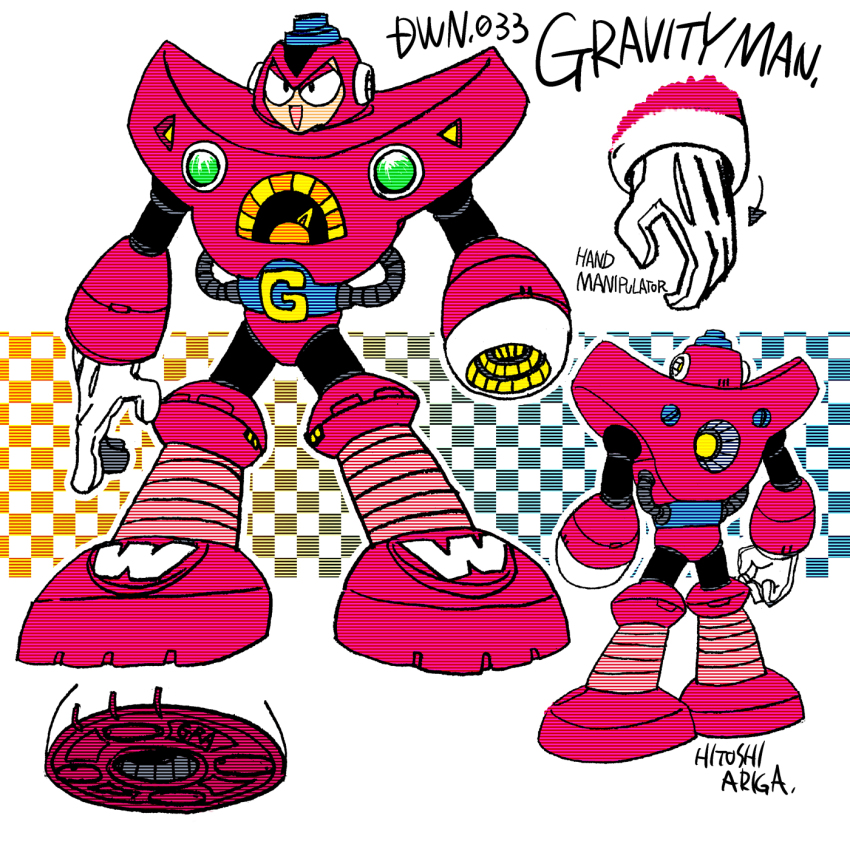1boy :&gt; ariga_hitoshi arm_cannon armor arrow_(symbol) artist_name belt black_bodysuit black_eyes blue_background blue_belt bodysuit character_name reference_sheet checkered_background commentary_request concept_art english_text from_behind full_body gem gradient_background gravity_man green_gemstone highres industrial_pipe joints looking_ahead male_focus mega_man_(classic) mega_man_(series) mega_man_5 mega_man_megamix multiple_views no_humans open_mouth orange_background red_armor red_footwear robot robot_joints scanlines shoe_soles simple_background solid_circle_eyes standing three_quarter_view tongue turnaround weapon white_background