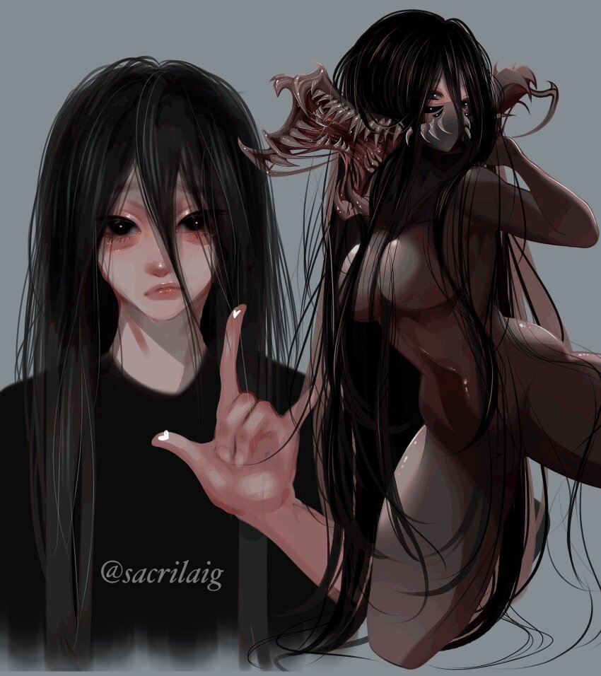 1girl aegyo_sal arthropod_girl black_eyes black_hair black_sclera black_shirt body_horror colored_sclera extra_eyes fox_shadow_puppet hair_between_eyes head_tilt highres hole_in_stomach insect_girl kneeling long_hair looking_at_viewer monster_girl multiple_views nude original sacrilaig sharp_teeth shirt spider_girl teeth very_long_hair