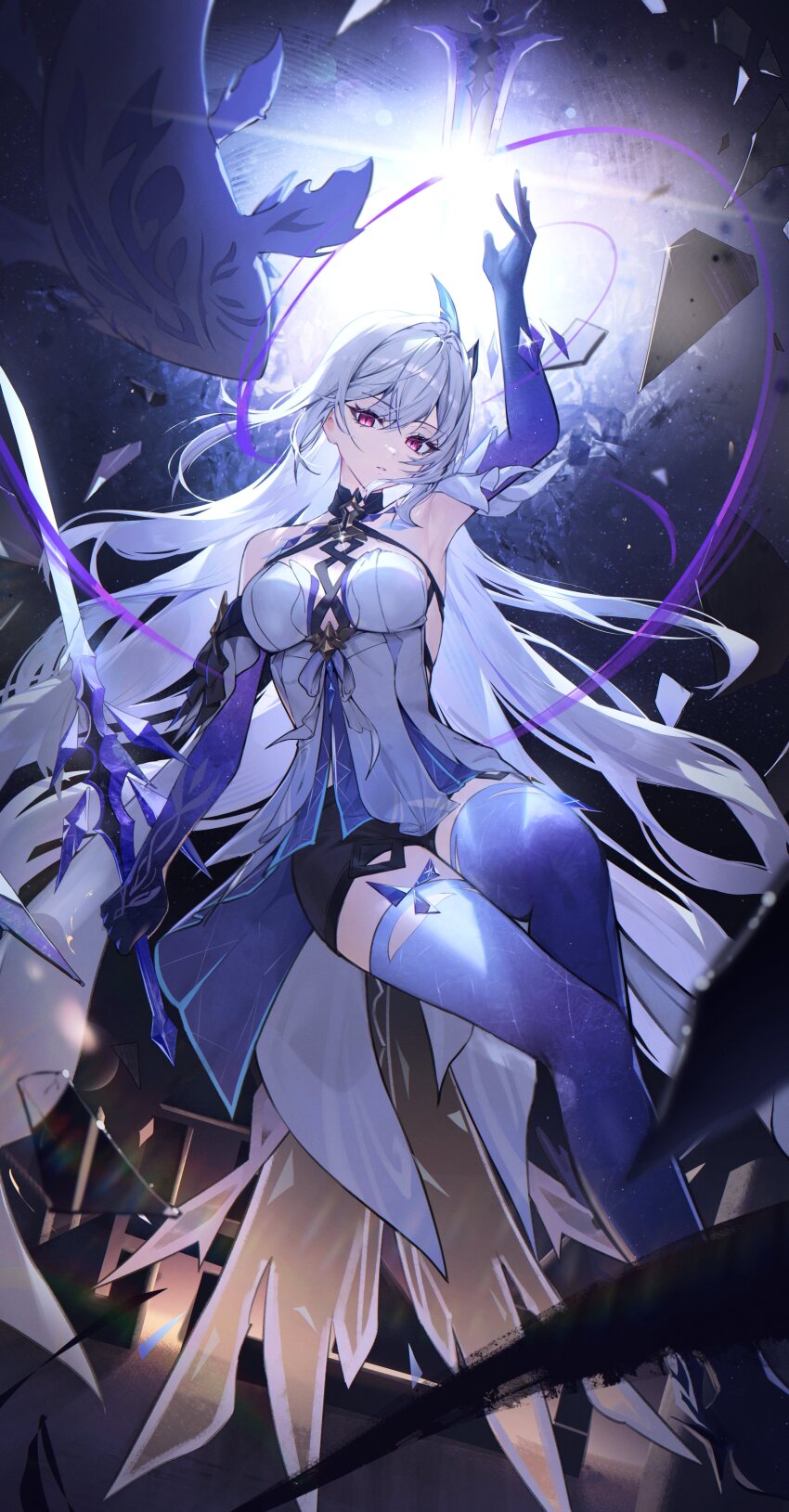 1girl absurdres arm_up bare_shoulders black_shorts body_markings breasts closed_mouth commentary_request dress elbow_gloves genshin_impact gloves hair_between_eyes hair_intakes hair_ornament highres holding holding_sword holding_weapon large_breasts long_hair looking_at_viewer medium_breasts parted_lips partial_commentary pink_eyes purple_gloves purple_thighhighs sasa_(sasa_ekakiman) shorts skirk_(genshin_impact) solo sword thighhighs thighs very_long_hair weapon white_dress white_hair
