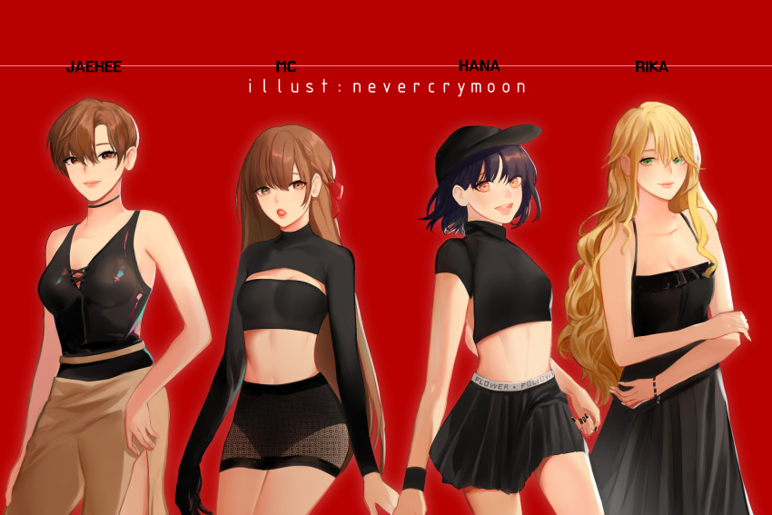4girls artist_name black_dress black_hair black_hat black_nails black_shrug black_skirt blonde_hair bracelet breasts brown_hair brown_pants character_name choker cleavage closed_mouth dress green_eyes hat highres jewelry kang_hana kang_jaehee midriff multiple_girls nevercrymoon pants protagonist_(susanghan_messenger) red_background red_ribbon ribbon rika_(susanghan_messenger) see-through_clothes see-through_skirt short_hair shrug_(clothing) skirt susanghan_messenger wristband