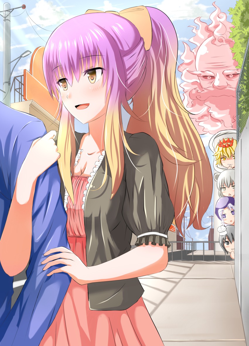 2boys 5girls absurdres alternate_costume alternate_hairstyle animal_ears bad_id bad_pixiv_id biting black_hair blonde_hair blue_eyes blue_hair blush bow cloud contemporary day dress biting_finger ghost gradient_hair hair_bow hair_ornament hat highres hijiri_byakuren holding_own_arm hood kumoi_ichirin long_hair mouse_ears multicolored_hair multiple_boys multiple_girls murasa_minamitsu nazrin open_mouth outdoors peeking ponytail purple_hair red_eyes sailor_hat short_hair smile stalking staring toramaru_shou touhou two-tone_hair ucukrtz unzan yellow_bow yellow_eyes