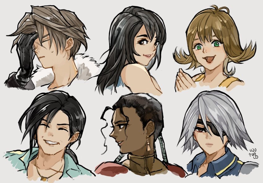 3boys 3girls artist_name black_gloves black_hair black_jacket blue_shirt brown_eyes brown_hair closed_eyes collared_shirt curly_hair dark-skinned_male dark_skin earrings eyepatch final_fantasy final_fantasy_viii floating_earrings fur-trimmed_jacket fur_trim fuujin_(ff8) gloves green_eyes grey_hair grin hair_between_eyes hand_on_own_face highres jacket jewelry kiros_seagill laguna_loire long_hair long_sleeves low_ponytail multiple_boys multiple_girls one_eye_covered open_mouth orange_overalls overalls own_hands_together parted_bangs parted_lips ponytail portrait red_shirt rinoa_heartilly scar scar_on_face scar_on_forehead selphie_tilmitt shirt short_hair smile squall_leonhart sweatdrop teeth uzutanco white_background white_fur