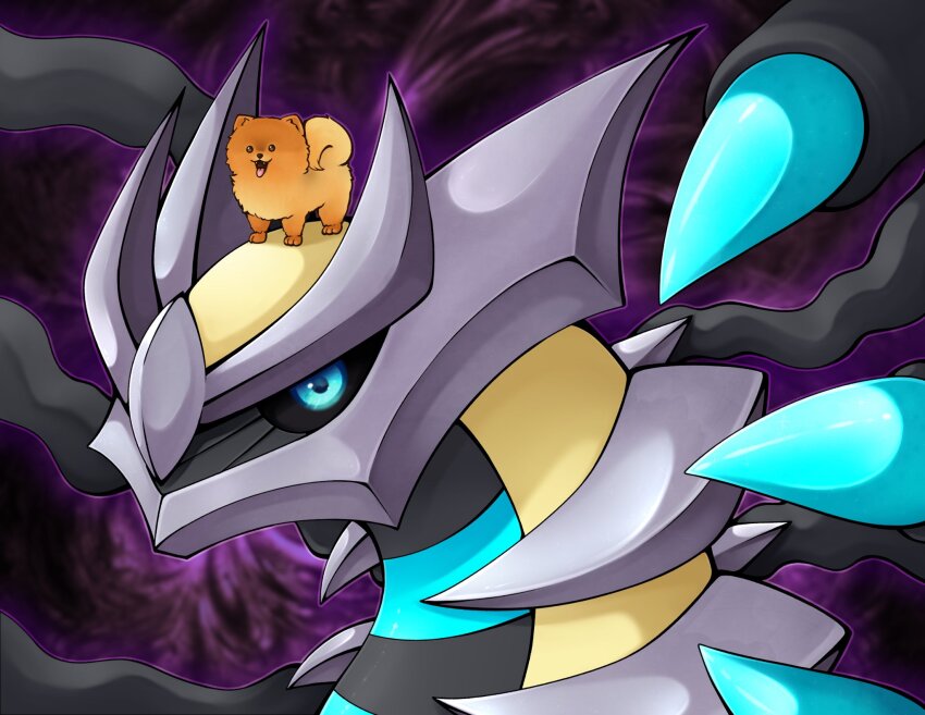 alternate_color animal animal_ears animal_on_head black_sclera blue_eyes colored_sclera commission dog dog_ears dog_tail gen_4_pokemon giratina giratina_(origin) highres legendary_pokemon nintendo no_humans on_head pokemon pokemon_(creature) pomeranian_(dog) shiny_pokemon slys_(jesterdysphoria) tail tongue tongue_out