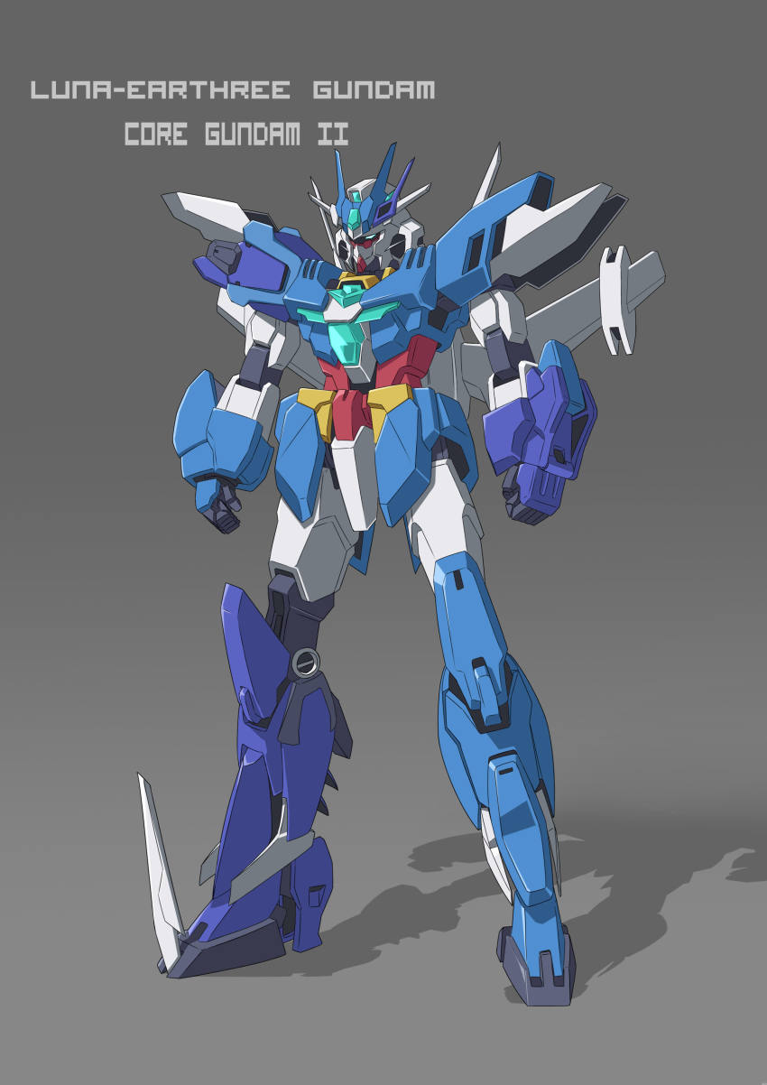 absurdres aqua_eyes character_name clenched_hands clotho_matcha commentary earthree_gundam english_commentary gundam gundam_build_divers gundam_build_divers_re:rise gunpla highres mecha model_kit no_humans original redesign robot solo standing v-fin