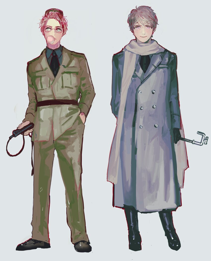 2boys absurdres america_(hetalia) axis_powers_hetalia belt black_belt black_boots black_gloves black_necktie black_shoes blue_shirt boots breast_pocket brown-framed_eyewear brown_hair buttons chewing_gum closed_mouth coat collared_shirt commentary_request full_body glasses gloves green_eyes green_hat green_jacket green_pants grey_hair hand_in_pocket hat highres holding holding_lead_pipe jacket lapels lead_pipe long_sleeves looking_afar looking_at_viewer male_focus military_hat military_jacket military_uniform mini_hat multiple_boys necktie pants pocket purple_coat purple_eyes russia_(hetalia) scarf semi-rimless_eyewear shirt shoes short_hair smile standing suda_(isudayo) white_scarf