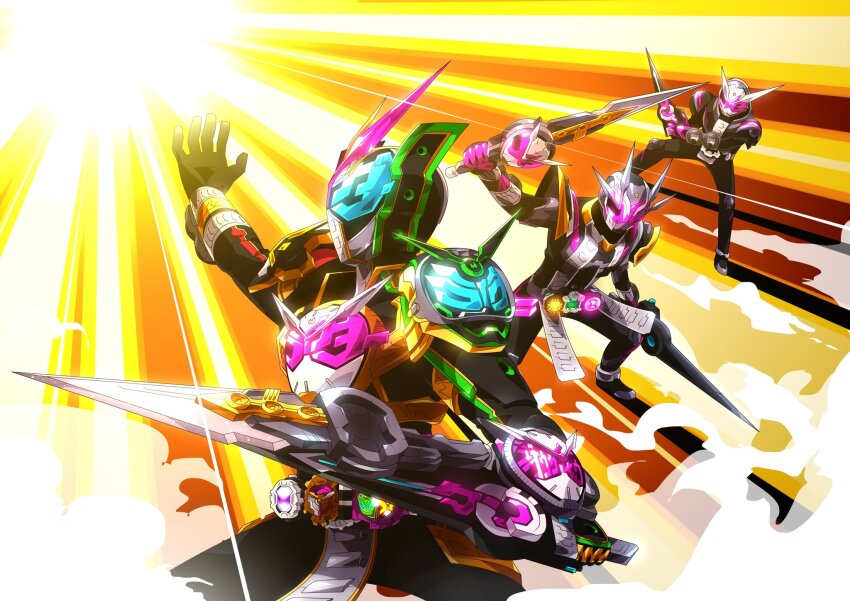 2018 3boys alternate_costume armor black_armor black_bodysuit blue_eyes bodysuit book build_rider_watch clenched_hand clock clock_hands compound_eyes rider_belt evolution full_body fusion gloves gold_armor green_armor highres horns kamen_rider kamen_rider_geiz kamen_rider_woz kamen_rider_zi-o kamen_rider_zi-o_(series) kamen_rider_zi-o_ii kamen_rider_zi-o_trinity looking_at_viewer male_focus mask multiple_boys multiple_horns official_alternate_costume open_hand otokamu pink_eyes pink_gloves profile red_armor rider_belt rider_watch shoes solo sunlight sword tokusatsu trinity_riderwatch weapon white_background yellow_eyes zi-o_rider_watch zikan_girade ziku_driver