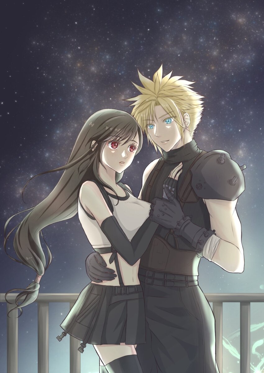 1boy 1girl armor bare_shoulders black_gloves black_hair black_pants black_skirt black_sweater black_thighhighs blonde_hair blue_eyes breast_press breasts cloud_strife commentary_request couple cowboy_shot crop_top earrings elbow_gloves final_fantasy final_fantasy_vii final_fantasy_vii_remake fingerless_gloves floating_hair gloves hand_on_another&#039;s_chest hand_on_another&#039;s_waist height_difference hetero highres jewelry large_breasts long_hair looking_at_another low-tied_long_hair matsuri_(07_matsuri_) midriff miniskirt night night_sky outdoors pants parted_lips railing red_eyes ribbed_sweater short_hair shoulder_armor single_bare_shoulder skirt sky sleeveless sleeveless_turtleneck spiked_hair star_(sky) starry_sky stud_earrings suspender_skirt suspenders sweater tank_top thighhighs tifa_lockhart turtleneck turtleneck_sweater white_tank_top zettai_ryouiki