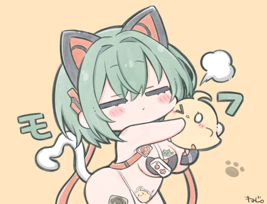 &gt;_o 1girl admiral_nakhimov_(azur_lane) admiral_nakhimov_(first_time_in_the_limelight)_(azur_lane) animal animal_ears animal_hug azur_lane baby_animal bird breasts cat_ears cat_tail chibi chibi_only chick closed_eyes green_hair large_breasts manjuu_(azur_lane) navel nejikirio official_alternate_costume one_eye_closed signature simple_background stomach tail white_background