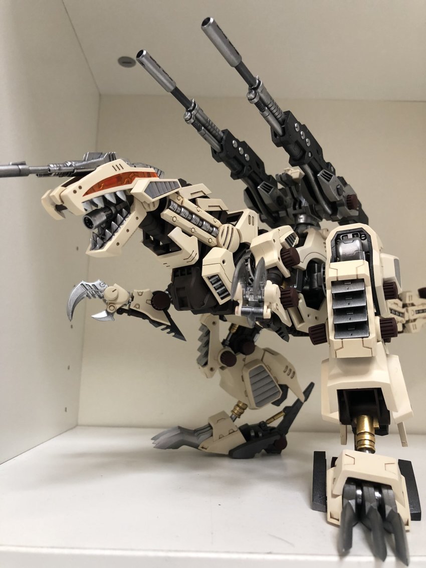 claws genosaurer highres kazuyoshi_kaneko mecha model_kit model_kit_(medium) no_humans open_mouth photo_(medium) piston robot solo standing turret unconventional_media zoids
