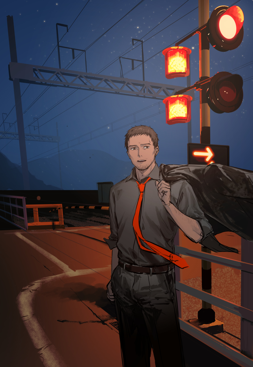 1boy absurdres arm_at_side arm_up belt black_belt brown_hair cable crosswalk doujima_ryoutarou grey_pants grey_shirt highres holding holding_jacket holding_unworn_clothes jacket jacket_on_shoulders looking_to_the_side male_focus morrisuit necktie night night_sky pants persona persona_4 railroad_crossing red_necktie shirt short_hair sky solo star_(sky) traffic_light unworn_jacket