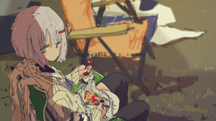 1girl :t a.i._voice black_thighhighs black_undershirt blurry blurry_background blush bob_cut bottle brown_cardigan camping_chair cardigan chair closed_mouth commentary_request day eating feet_out_of_frame foil folding_chair food fork from_side grass grey_eyes grey_shirt hair_ornament hairclip highres holding holding_bottle holding_fork kabuyama_kaigi long_sleeves looking_at_viewer looking_to_the_side on_chair outdoors purple_hair sailor_collar school_uniform serafuku shirt short_hair sitting solo tabasco thighhighs voiceroid white_sailor_collar yuzuki_yukari yuzuki_yukari_(shizuku)