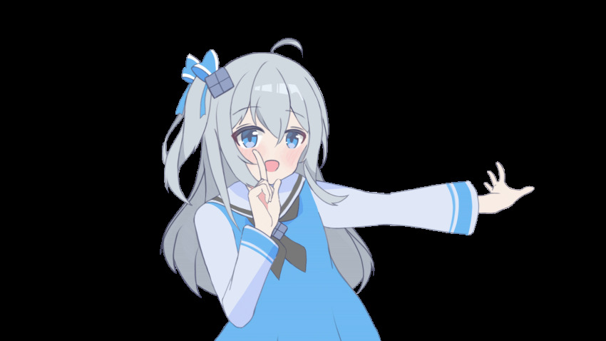 1girl :d ahoge animated animated_gif blue_dress blue_eyes blue_ribbon blue_shirt blush dress grey_hair hair_between_eyes hair_ornament hair_ribbon hand_on_own_face hand_up highres hoshino_ruby_dance index_finger_raised long_hair long_sleeves looking_at_viewer madobe_ichika microsoft_windows neckerchief one_side_up open_mouth os-tan oshi_no_ko outstretched_arm pointing pointing_up ribbon sailor_collar shirt smile solo transparent_background upper_body white_sailor_collar white_shirt windows_11