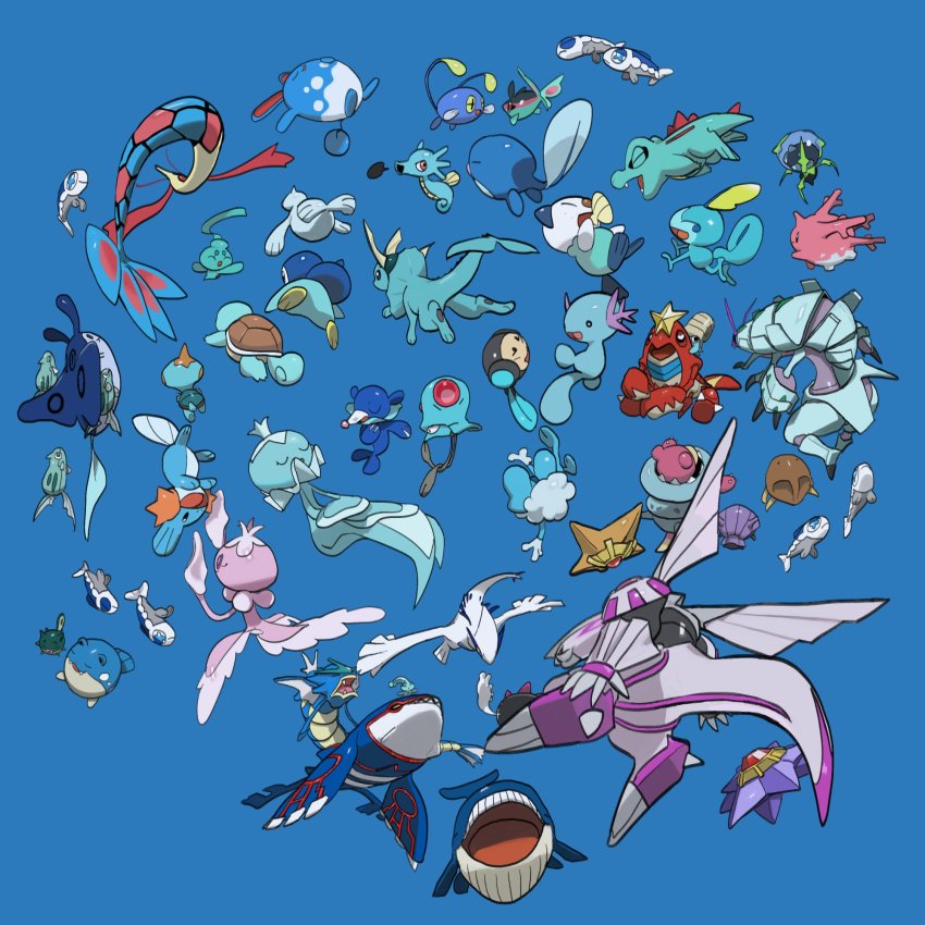 azumarill black_sclera blue_background chewtle chinchou closed_eyes colored_sclera corsola crawdaunt creature dewpider finneon fish frillish frillish_(female) frillish_(male) froakie gen_1_pokemon gen_2_pokemon gen_3_pokemon gen_4_pokemon gen_5_pokemon gen_6_pokemon gen_7_pokemon gen_8_pokemon golisopod gyarados highres horsea kabuto_(pokemon) kochi8i kyogre legendary_pokemon lugia mantine mega_pokemon mega_slowbro milotic mudkip mythical_pokemon nintendo open_mouth oshawott palkia phione piplup pokemon pokemon_(creature) poliwag popplio qwilfish remoraid seel shellder simple_background slowbro sobble spheal squirtle starmie staryu teeth tentacool toes tongue totodile tympole upper_teeth_only vaporeon wailord wishiwashi wishiwashi_(solo) wooper yellow_eyes