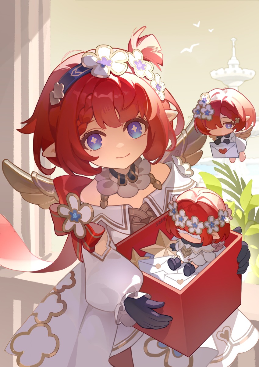 1girl absurdres bare_shoulders black_gloves blue_eyes book box braid braided_bangs chibi closed_mouth dress envelope flower gloves hair_flower hair_ornament hair_over_eyes hair_over_one_eye hairband highres holding holding_box honkai:_star_rail honkai_(series) indoors long_hair long_sleeves looking_at_viewer metal_wings plant pointy_ears red_hair smile solo trianne_(honkai:_star_rail) tribbie_(honkai:_star_rail) trinnon_(honkai:_star_rail) white_dress white_flower window wings xiaoxin9