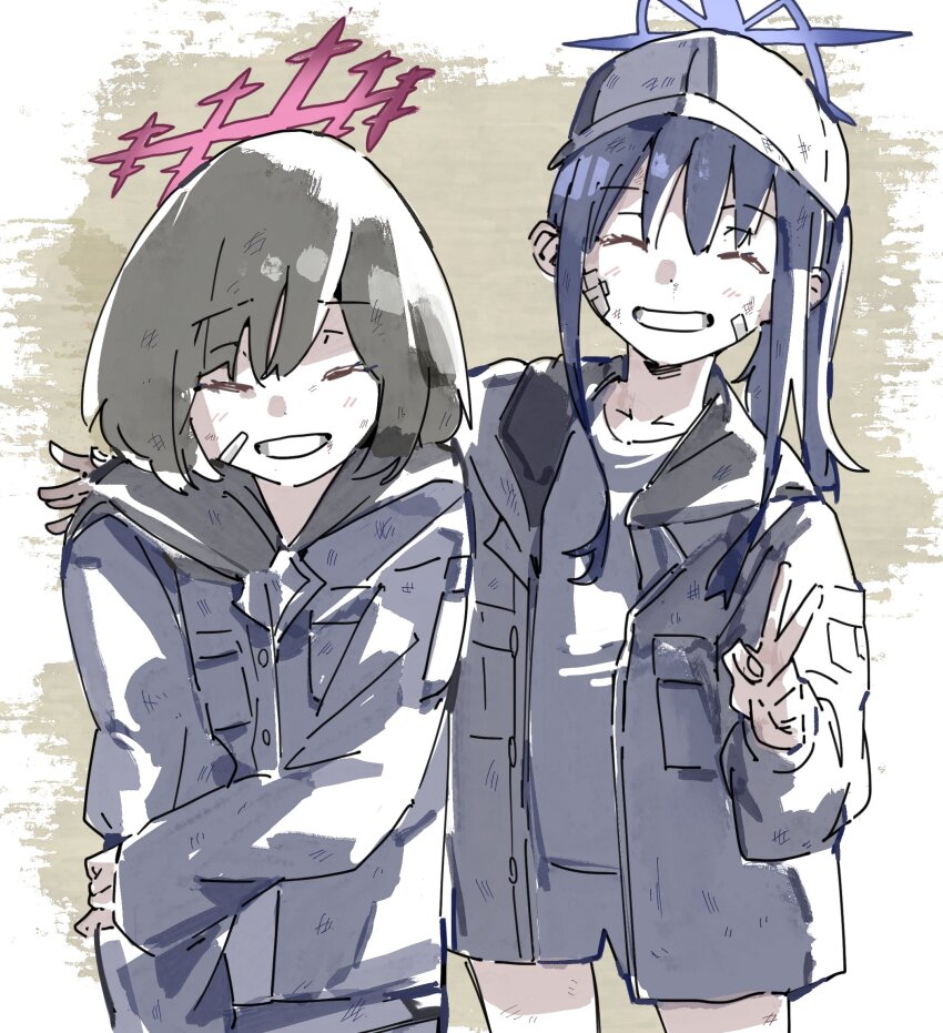 2girls aged_down bandaid bandaid_on_face baseball_cap black_hair black_jacket blue_archive chiriejjiyo closed_eyes commentary_request facing_viewer grin halo hat highres jacket long_hair misaki_(blue_archive) multiple_girls saori_(blue_archive) short_hair shorts simple_background smile v