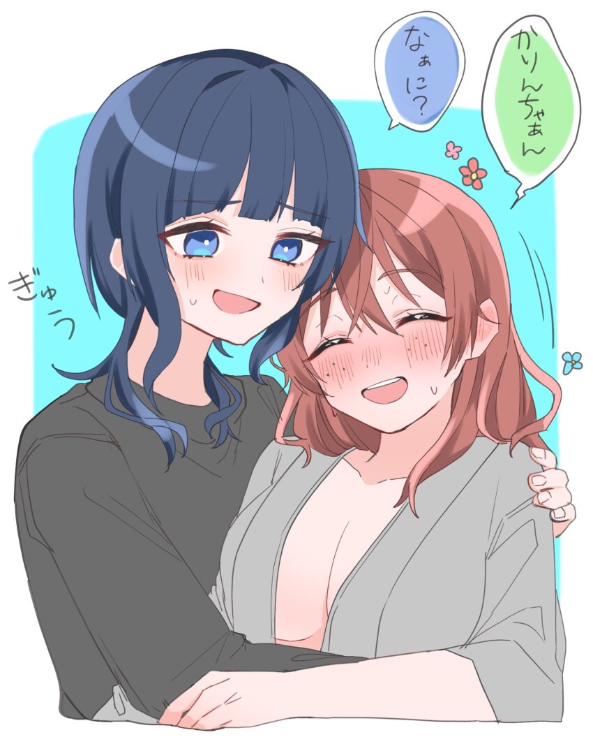 2girls asaka_karin black_shirt blue_eyes blue_hair blush breasts brown_hair cleavage closed_eyes commentary_request cropped_torso emma_verde freckles furrowed_brow grey_jacket hair_down hand_on_another&#039;s_shoulder highres jacket large_breasts long_sleeves love_live! love_live!_nijigasaki_high_school_idol_club medium_hair multiple_girls open_clothes open_jacket open_mouth osora_dao shirt speech_bubble sweat translation_request upper_body