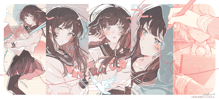 2girls artist_name_(singer) bird black_hair black_pantyhose black_skirt blush box closed_mouth drawing_(action) highres holding holding_box holding_stylus indie_virtual_youtuber long_hair looking_at_viewer mikkun_04 multiple_girls multiple_views official_art original pantyhose pigeon school_uniform serafuku shigure_ui_(vtuber) shirt signature skirt song_name stylus virtual_youtuber white_shirt