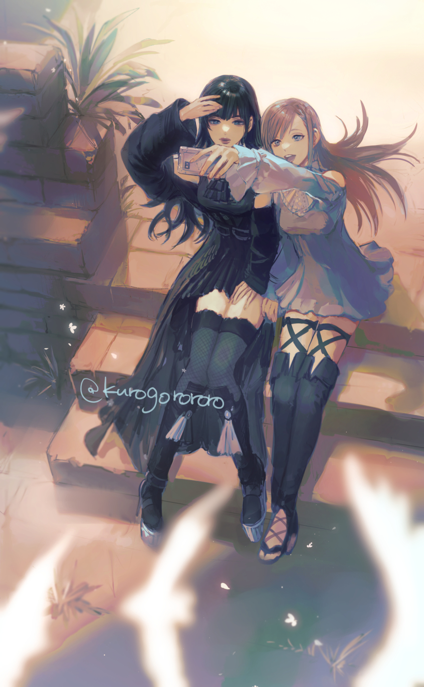 2girls black_boots black_dress black_hair black_thighhighs blue_eyes blurry blurry_foreground boots clothing_cutout depth_of_field dress final_fantasy final_fantasy_xiv frilled_sleeves frills from_above full_body gaia_(ff14) high_heel_boots high_heels highres holding holding_phone hyur kurogorororo long_hair long_sleeves multiple_girls on_stairs open_mouth orange_hair outstretched_arm phone ryne_waters shoulder_cutout signature sitting smile stairs swept_bangs taking_picture thigh_boots thighhighs twitter_username white_dress