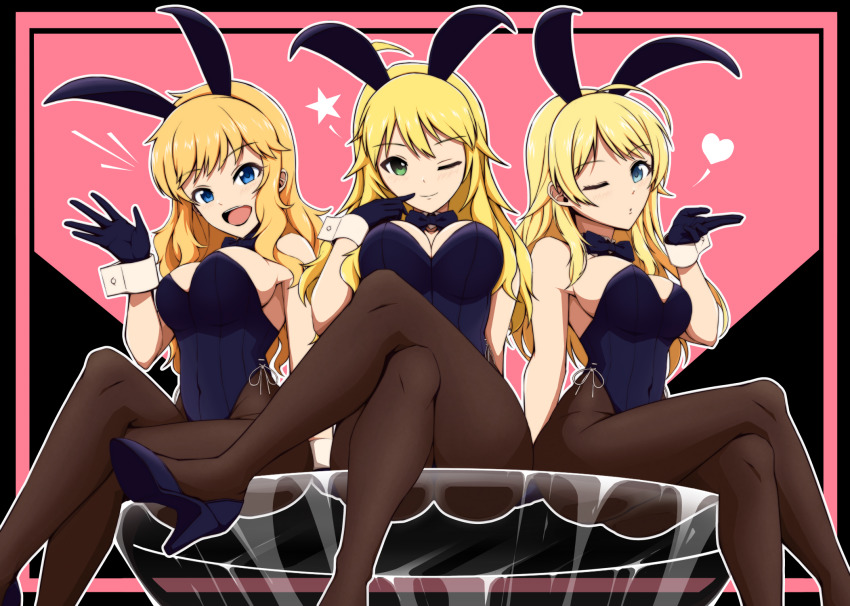 3girls ahoge animal_ears bikini black_gloves black_leotard black_neckwear blonde_hair blowing_kiss blue_eyes bow bowtie breasts brown_legwear ccg842000 cleavage commentary_request crossed_legs detached_collar fake_animal_ears feet_out_of_frame foreshortening gloves green_eyes hachimiya_meguru highres hoshii_miki idolmaster idolmaster_(classic) idolmaster_cinderella_girls idolmaster_million_live! idolmaster_shiny_colors large_breasts leotard long_hair looking_at_viewer multiple_girls ohtsuki_yui one_eye_closed pantyhose pink_background playboy_bunny rabbit_ears sitting strapless strapless_leotard swimsuit traditional_bowtie trait_connection two-tone_background waving wrist_cuffs