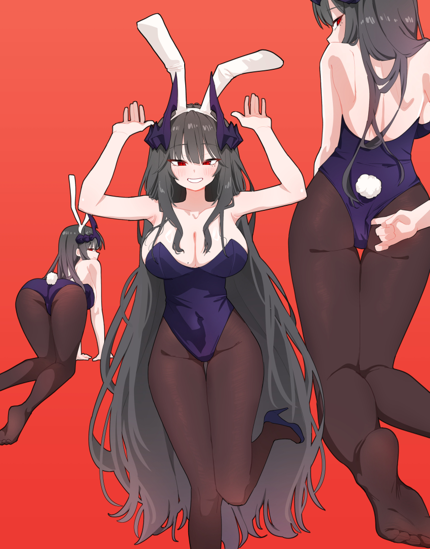 1girl absurdres adjusting_clothes all_fours animal_ear_hairband animal_ears armpits bare_back bare_shoulders blush breasts choi1 cleavage commission demon_girl demon_horns fake_animal_ears fake_tail from_behind grey_hair grin hair_between_eyes hairband high_heels highres horns kneeling large_breasts leotard long_hair looking_at_viewer no_shoes original playboy_bunny purple_footwear purple_leotard rabbit_ear_hairband rabbit_ears rabbit_pose rabbit_tail red_eyes sidelocks smile standing standing_on_one_leg tail white_hairband