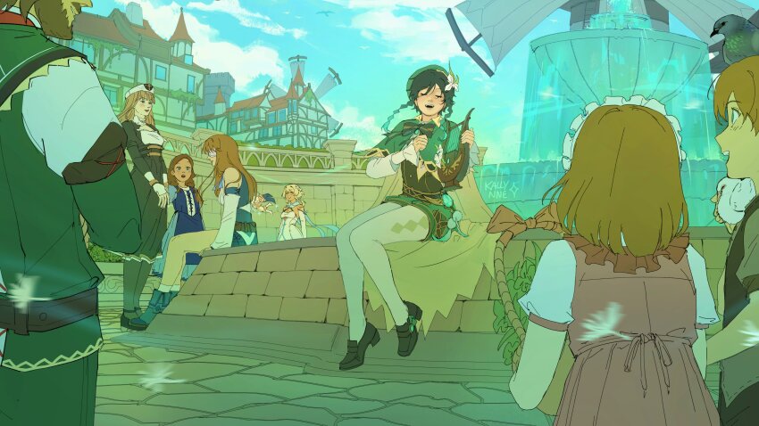 1boy absurdres artist_name beret bird black_shoes blue_sky blush braid capelet city closed_eyes cloud flower fountain full_body genshin_impact green_capelet green_hat green_shorts hair_flower hair_ornament hat highres kallynnekmi lumine_(genshin_impact) mondstadt_city music open_mouth outdoors paimon_(genshin_impact) pantyhose people pigeon scenery shoes shorts singing sitting sky solo solo_focus twin_braids venti_(genshin_impact) white_flower white_pantyhose wind