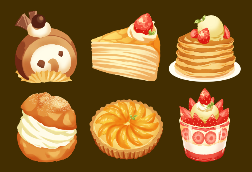 absurdres brown_background cake commentary_request cream_puff food food_focus fruit fruit_tart garnish highres ice_cream kobachi_(pixiv_71676911) no_humans original pancake pancake_stack pastry plate pudding pudding_a_la_mode simple_background strawberry strawberry_pudding_a_la_mode strawberry_slice sweets swiss_roll tart_(food)