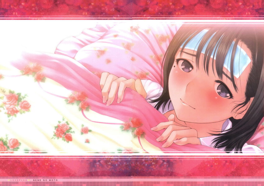 1girl anegasaki_nene blush brown_hair character_name cold_pack dutch_angle fever floral_print flower futon hands_up highres looking_at_viewer looking_to_the_side love_plus lying medium_hair mole mole_under_eye official_art on_back photoshop_(medium) pillow pink_nails purple_eyes raised_inner_eyebrows rose sick solo