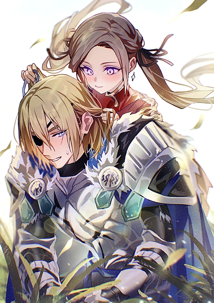 1boy 1girl aged_down armor blonde_hair blue_cape blue_eyes cape commentary dimitri_alexandre_blaiddyd dimitri_alexandre_blaiddyd_(king_of_faerghus) dimitri_alexandre_blaiddyd_(timeskip) dress edelgard_von_hresvelg edelgard_von_hresvelg_(young) eyepatch fire_emblem fire_emblem:_three_houses fire_emblem_heroes fur_cape grass highres leaf long_hair nintendo official_alternate_costume pauldrons purple_eyes red_dress short_hair shoulder_armor smile soma_otakuu sweatdrop time_paradox twintails
