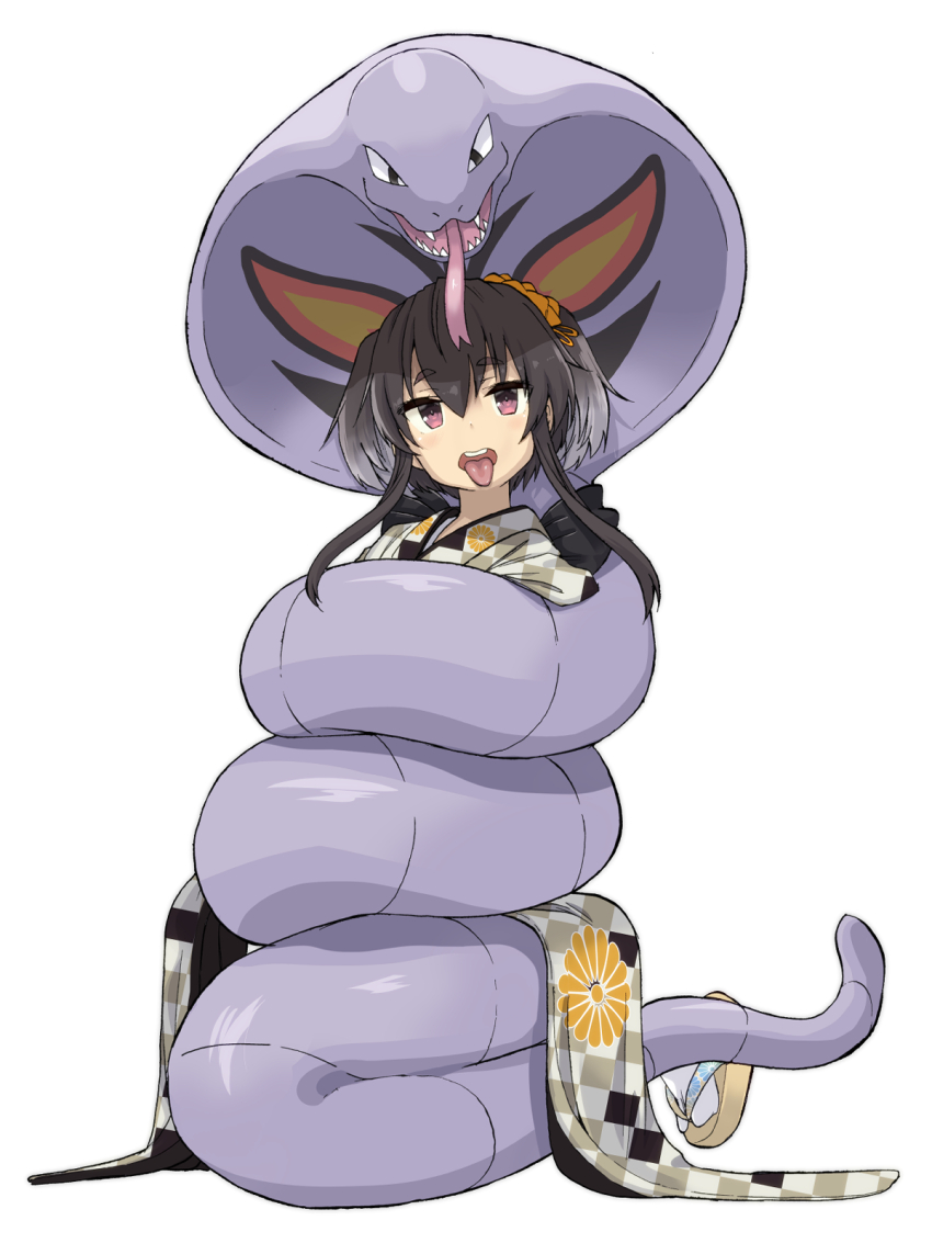 1girl arbok black_hair gen_1_pokemon grey_hair highres japanese_clothes kantai_collection kimono medium_hair multicolored_hair nintendo pokemon purple_eyes simple_background solo tokitsukaze_(kancolle) tongue tongue_out tsuji_kazuho two-tone_hair white_background