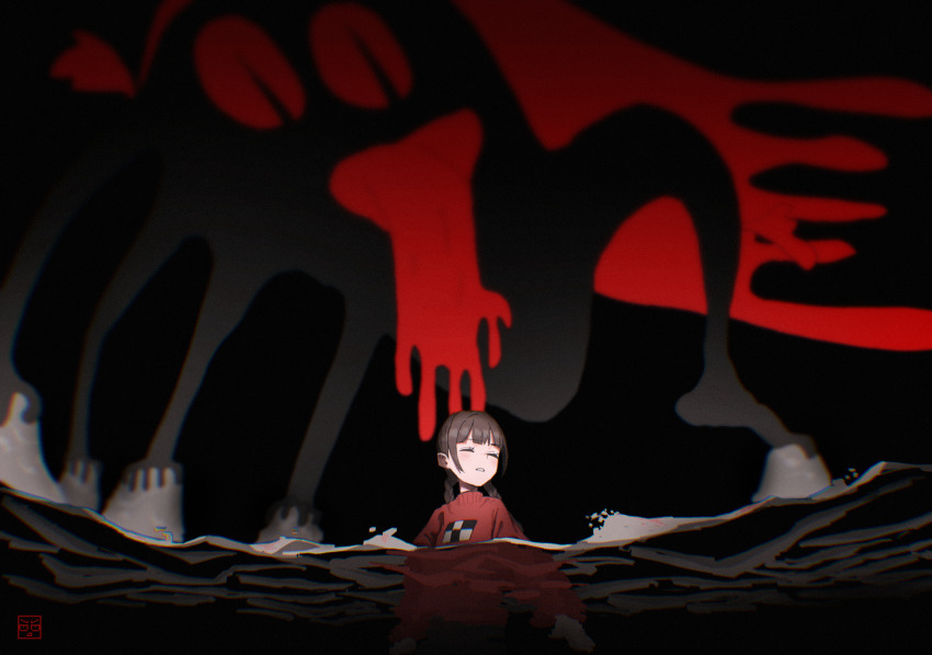 1girl blast-7 blush braid brown_hair closed_eyes commentary_request highres long_hair long_sleeves madotsuki parted_lips partially_submerged red_sweater signature solo sweater turtleneck turtleneck_sweater twin_braids water yume_nikki