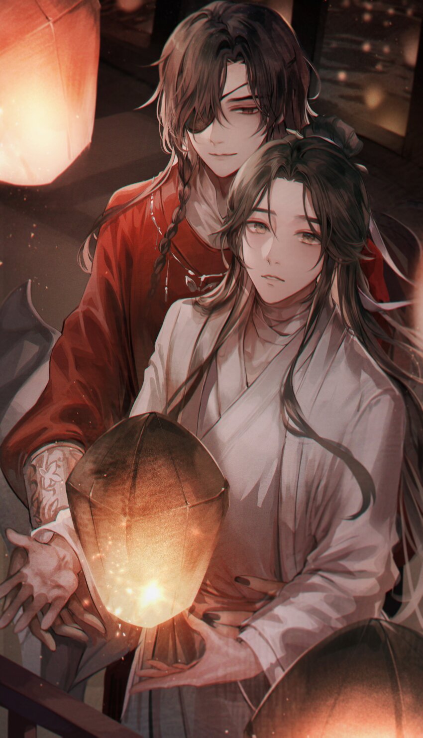 2boys absurdres bandaged_neck bandages bishounen black_hair black_nails brown_hair butterfly_necklace chinese_clothes eyepatch hair_bun hair_ribbon hanfu highres hua_cheng long_hair long_sleeves looking_at_viewer male_focus multiple_boys parted_bangs red_eyes red_hanfu red_robe ribbon robe tianguan_cifu very_long_hair white_hanfu white_ribbon white_robe wide_sleeves xie_lian yaoi yellow_eyes young57440489